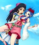  black_hair blue_eyes blue_hair bow breasts cleavage cloud clouds cosplay costume_switch deborah dragon_quest dragon_quest_v earrings flora flora_(dragon_quest) flower hair_bow hair_flower hair_ornament jewelry large_breasts mahito mole multiple_girls red_eyes rose siblings sisters sky 