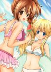  2girls alternate_hairstyle bikini blonde_hair blue_eyes brown_eyes brown_hair hair_up hirasawa_yui innertube k-on! kotobuki_tsumugi long_hair looking_back multiple_girls popsicle short_hair side_ponytail suika_bar swimsuit traditional_media watermelon_bar 