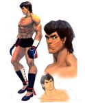  1boy abs alternate_costume black_hair blood boxing_gloves concept_art enter_the_dragon fei_long flats greaves ikeno_daigo muscle official_art parody scar shirtless shorts solo street_fighter street_fighter_iv 