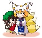  animal_ears blonde_hair brown_eyes brown_hair cat_ears cat_tail chen chibi fang fere fox_tail happy hat heart heart_tail multiple_girls multiple_tails tail touhou yakumo_ran 