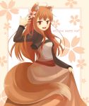  1girl bad_id brown_hair chocho_(homelessfox) dress engrish fang flower holo long_hair ranguage red_eyes skirt spice_and_wolf tail wolf_ears 