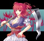  cleavage flower hair_bobbles hair_ornament higanbana kai_akatsuki_mare kai_aki large_breasts onozuka_komachi open_mouth over_shoulder red_eyes red_hair redhead scythe short_hair smile spider_lily touhou twintails weapon weapon_over_shoulder 