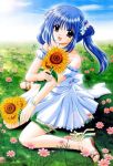  blue_hair dress flower jpeg_artifacts long_hair nishimata_aoi sandals sunflower twintails 
