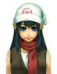  1girl blue_hair hat highres hikari_(pokemon) photoshop pokemon realistic scarf simple_background solo takanashi_ringo white_background 