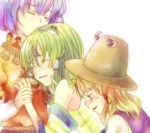  blonde_hair closed_eyes comforting frog green_hair hair_ornament hat hidari_(artist) hidari_(coletica) holding_hands kochiya_sanae long_hair moriya_suwako multiple_girls purple_hair pyonta sad short_hair tears touhou wavy_mouth yasaka_kanako 