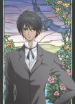  bird black_hair dark_skin formal glowing_eyes green_eyes hakushaku_to_yousei hakushaku_to_yousei_(earl_and_fairy) male raven_(earl_and_fairy) solo stained_glass suit victorian 