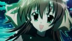   :d brown_hair clouds ef glowing green_eyes hair_ribbon light miyamura_miyako ribbon smile  