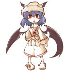 bat_wings bathrobe beanie blood blood_on_face bloody_clothes blue_hair blush hat head_wings looking_up open_mouth red_eyes remilia_scarlet sayakata_katsumi short_hair simple_background slippers solo touhou wings young 