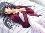  black_hair blue_eyes blush dress game_cg hands_clasped long_hair lying murakami_suigun oyakusoku_love yanagi_hinako 