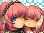  :3 =_= bad_id blue_eyes caught closed_eyes incipient_kiss incoming_kiss megurine_luka o3o oharu pink_hair takoluka vocaloid wink 