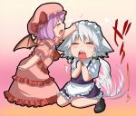  &gt;_&lt; animal_ears blush braid chibi dog_ears dog_tail hairband inu_sakuya inuduka_bouru inuzuka_bouru izayoi_sakuya kemonomimi_mode multiple_girls petting purple_hair remilia_scarlet ribbon silver_hair sitting tail tail_wagging touhou translated twin_braids wagging 