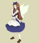  brown_eyes brown_hair egawa_satsuki hair_bow highres light_smile loafers long_hair satsuki_(dorowa) shoes simple_background standing star_sapphire steepled_fingers touhou wings 