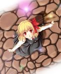  :o blonde_hair bow breasts from_above glowing hair_bow looking_up mochi.f open_mouth outstretched_arms red_eyes rumia short_hair solo spread_arms touhou 