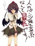  black_wings blush hat shameimaru_aya short_hair skirt skirt_tug tear tears tokin_hat touhou translated translation_request wings 