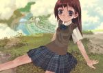  blue_eyes brown_hair cityscape cloud clouds grass highres hill okayu_(crosspoint) river scenery school_uniform sitting 