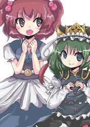  blue_eyes green_hair hat heart heart_hands oekaki onozuka_komachi red_eyes red_hair redhead setsuna_(pixiv) shikieiki_yamaxanadu short_hair touhou twintails young 