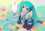  aqua_hair bare_shoulders chibi detached_sleeves hair_ribbon hatsune_miku headphones headset long_hair microphone nail_polish necktie reise ribbon sitting skirt sleeveless_shirt thigh-highs thighhighs twintails very_long_hair vocaloid zettai_ryouiki 