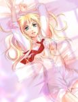  arms_up blonde_hair blue_eyes long_hair lying macross macross_frontier necktie no_bra on_back open_clothes open_shirt sheryl_nome shirt solo 