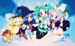  animal_costume blue_eyes blue_hair bottle brown_hair cherry_(dog) cherry_(lucky_star) cosplay frog frog_costume frog_suit glasses green_hair hand_holding hat hatsune_miku hatsune_miku_(cosplay) headphones hiiragi_kagami hiiragi_tsukasa holding_hands izumi_konata jpeg_artifacts jumping kusakabe_misao long_hair lucky_star magical_girl microphone nagato_yuki nagato_yuki_(cosplay) purple_hair school_uniform short_hair suzumiya_haruhi_no_yuuutsu takara_miyuki twintails v vocaloid wand witch witch_hat 