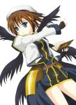  1girl blue_eyes brown_hair mahou_shoujo_lyrical_nanoha mahou_shoujo_lyrical_nanoha_strikers short_hair small_breasts smile thighs tome_of_the_night_sky wings yagami_hayate 