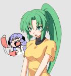  breasts chama_(karaginan) detached_sleeves green_hair hanyuu higurashi_no_naku_koro_ni horns japanese_clothes karaginan long_hair miko oppai_oppai ponytail purple_hair sonozaki_mion 