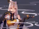  1girl bangs black_gloves china_dress chinese_clothes claw_ring dress genshin_impact gloves hair_ornament hair_stick hairpin holding holding_pipe long_hair ningguang_(genshin_impact) parted_bangs pipe smile tassel vision_(genshin_impact) white_hair zettanoia 