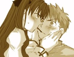  1boy 1girl angry emiya_shirou fate/stay_night fate/stay_night_unlimited_blade_works fate_(series) love lowres pocky pocky_kiss shared_food tohsaka_rin toosaka_rin 