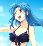  1girl bikini blue_hair brown_eyes chidori_kaname full_metal_panic! long_hair lowres one_eye_closed orange_eyes solo swimsuit wink 