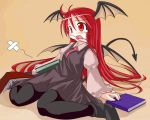  1girl bat_wings bespectacled black_legwear blush book demon_tail des dress female glasses glasses_askew head_wings koakuma long_hair necktie open_book pantyhose red_eyes redhead solo tail tears the_embodiment_of_scarlet_devil touhou very_long_hair wings 