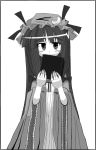  1girl blush book covering_mouth dress expressionless female frills hat head_tilt hikami_shou holding holding_book jitome looking_at_viewer mob_cap monochrome patchouli_knowledge simple_background solo touhou white_background 