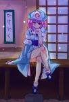  1girl bare_legs female hat japanese_clothes kimono legs_crossed night pink_hair red_eyes saigyouji_yuyuko short_hair sitting smile solo subachi touhou veranda 