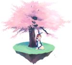  1girl arm_support asami_natsuhito brown_eyes brown_hair cherry_blossoms hair_ornament island long_hair original pointy_ears sitting solo tree 