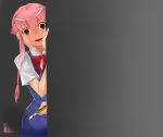  boxcutter crazy empty_eyes gasai_yuno knife kosame_daizu long_hair mirai_nikki peeking_out pink_hair school_uniform serafuku yandere 