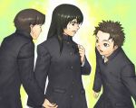  1girl 2boys black_hair gakuran genderswap kamadouma long_hair lowres mashiro_yuu multiple_boys school_uniform uniform 