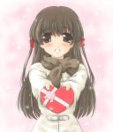  1girl :d blush bow brown_eyes brown_hair chocolate coat hair_ribbon hide_(rightstuff_annex) incoming_gift long_hair looking_at_viewer open_mouth ribbon scarf smile solo upper_body valentine 