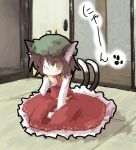  1girl animal_ears brown_eyes brown_hair cat_ears cat_tail chen dress female hat multiple_tails nyan one_eye_closed paw_pose sasane solo tail touhou wink 