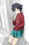  1girl against_wall androgynous black_hair door drink drinking drinking_straw hand_in_pocket idolmaster idolmaster_xenoglossia jacket kikuchi_makoto long_sleeves outdoors pleated_skirt red_jacket short_hair skirt solo straw track_jacket wall 