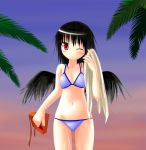  1girl bikini black_wings blush des female hat looking_at_viewer shameimaru_aya solo swimsuit touhou wet wings 