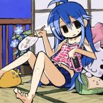  1girl :&lt; :3 ahoge barefoot blue_hair camisole fan feet flower game_console green_eyes handheld_game_console inoue_toro izumi_konata katamari_damacy kulche kuma_jet legs_up locoroco long_hair lowres lucky_star lying midriff morning_glory navel on_back paper_fan plant playing_games playstation_portable reclining short_shorts shorts shouji sliding_doors solo strap_slip stuffed_animal stuffed_toy summer sweat tatami the_prince triangle_mouth uchiwa video_game 