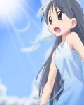  1girl :d awa bare_shoulders black_eyes black_hair collarbone dress kajiwara_sora light_rays long_hair lowres oekaki open_mouth sketchbook_full_colors smile solo sundress sunlight very_long_hair 