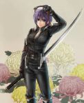  1girl chrysanthemum floral_background flower gloves hatake_michi katana lowres purple_hair short_hair solo standing sword weapon 