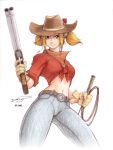  1girl belt blonde_hair blue_eyes cowboy_hat denim front-tie_top gloves gun hat highres jeans midriff mouth_hold navel omar_dogan pants shirt shotgun signature sleeves_rolled_up solo tied_shirt twintails weapon western whip 