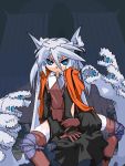  1girl between_legs blue_eyes collar gloves hand_between_legs living_hair long_hair looking_at_viewer mof mof&#039;s_silver_haired_twintailed_girl oekaki original red_gloves red_legwear rock shorts silver_hair sitting solo spread_legs thigh-highs very_long_hair 
