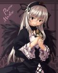  00s 1girl black_dress black_wings closed_mouth cowboy_shot cross-laced_clothes dress frills hairband hands_on_own_chest head_tilt hino_akira lolita_hairband long_hair looking_at_viewer red_eyes rozen_maiden silver_hair smile solo suigintou wings 