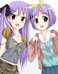  2girls bangs casual female fourthcape hiiragi_kagami hiiragi_tsukasa looking_at_viewer lowres lucky_star misaki_takahiro multiple_girls purple_hair tsurime 