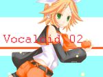  1girl :o belt blonde_hair bow detached_sleeves food fruit green_eyes hair_ornament hairclip headphones headset holding holding_fruit kagamine_rin open_mouth orange shirt short_hair shorts sleeveless sleeveless_shirt solo vocaloid 