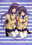  00s 2008 absurdres calendar clannad fujibayashi_kyou fujibayashi_ryou highres kneeling october official_art school_uniform september serafuku siblings sisters smile thigh-highs twins winter_uniform zettai_ryouiki 