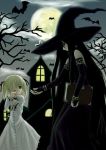  2girls black_hair blonde_hair book candy hat moon multiple_girls witch witch_hat 