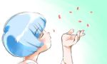  1girl blowing blue_hair bob_cut open_hand petals profile short_hair sketch solo taguchi_makoto 