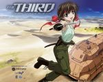  1girl blue_eyes desert ground_vehicle gun headband honoka honoka_(the_third) military military_vehicle motor_vehicle official_art solo sword tank the_third vehicle wallpaper weapon 